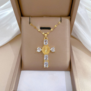 QIFEI <span class=keywords><strong>testa</strong></span> <span class=keywords><strong>croce</strong></span> piena di collana di diamanti in acciaio inox catena collana gioielli per le donne - Product Image 1