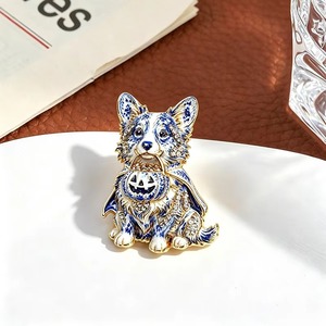 Broche <span class=keywords><strong>Corgi</strong></span> style porcelaine bleue et blanche, motif chien citrouille d'Halloween - Product Image 2