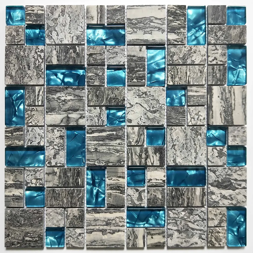 Nieuwe Ontwerp Golf Textuur Grijs Marmer Mozaïek Backsplash Muur Marine Blauw Kristal Glas Mozaïek Tegel