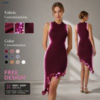 Gaun pesta mini bodycon wanita berbahan katun poliester, kerah V, lengan pendek, polos, dengan aplikasi payet bunga dan belahan samping.