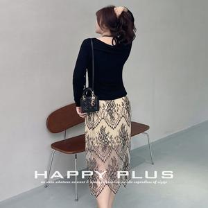 Falda Midi Ajustada de Encaje Estilo Francés Happy Plus, Talla Grande para Mujer, con Estampado, Microelástica, Cintura Natural - Product Image 3