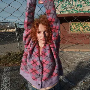 도매 빈티지 Lavander 격자 무늬 스웨터 자켓 여성 가을 자른 특대 니트 카디건 숙녀