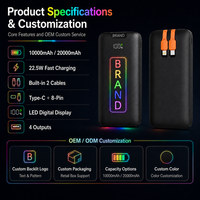 Batterie externe personnalisée 10000mAh 20000mAh, chargeur portable avec logo lumineux personnalisé, câbles doubles intégrés, 4 sorties et écran LED