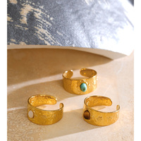 JINYOU 8250 Vintage Edelstahl Breiter Bandring PVD Goldplattiert Blumenmuster Naturstein Verstellbarer Offener Ring