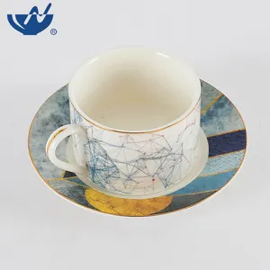 Ceramic Bright Colored Decal Bone China Catering Cafes Rustic Crockery Cappuccino Cup And Saucer