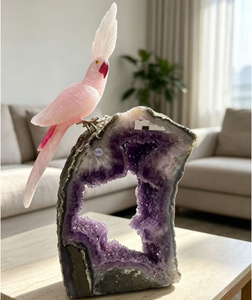 Sculpture en cristal de géode d'améthyste, ornement de collection en cristal de rose quartz sculpté à la main en forme de perroquet, pour la présentation - Product Image 2