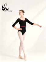 Justaucorps de danse pour filles Anna Shi noir avec bordure rouge, manches 3/4, pour entraînement de ballet, cours de danse professionnels, combinaison de pratique