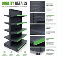 Étagère gondole double face légère et réglable, en métal gris foncé avec garniture vert citron, panneau perforé, présentoir à 5 niveaux
