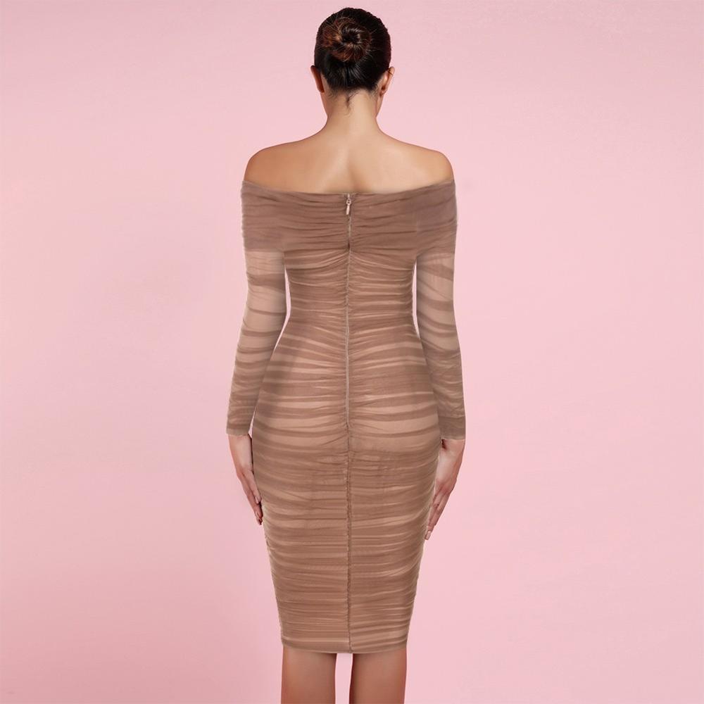 Brown off Shoulder Long Sleeve Chiffon Mesh Dress for Performance Brown off Shoulder Long Sleeve Chiffon Mesh Dress for Performance