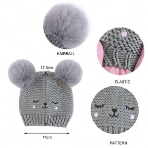 Wholesale Custom Cute Winter Double Pom Beanie Hat 0-5 Year Girl Warm Knitted Fleece Lining Slouchy Boy Acrylic Adjustable <b>3</b> - Product Image 3