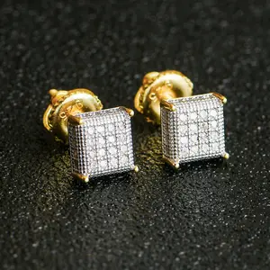 Wholesale Hip Hop Gold Plated 5A CZ Stone 925 Sterling Silver Iced Out Wedding Square Stud Earrings Rapper Men And Women Gift