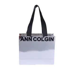 Luxury Laser Holographic Silver Cardboard Custom Logo Clothing Garment Shoes Shopping Paper Bags With Handle