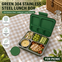 Boîte à lunch bento en acier inoxydable à cinq compartiments, étanche, à un seul niveau, pour les programmes de repas scolaires, OEM