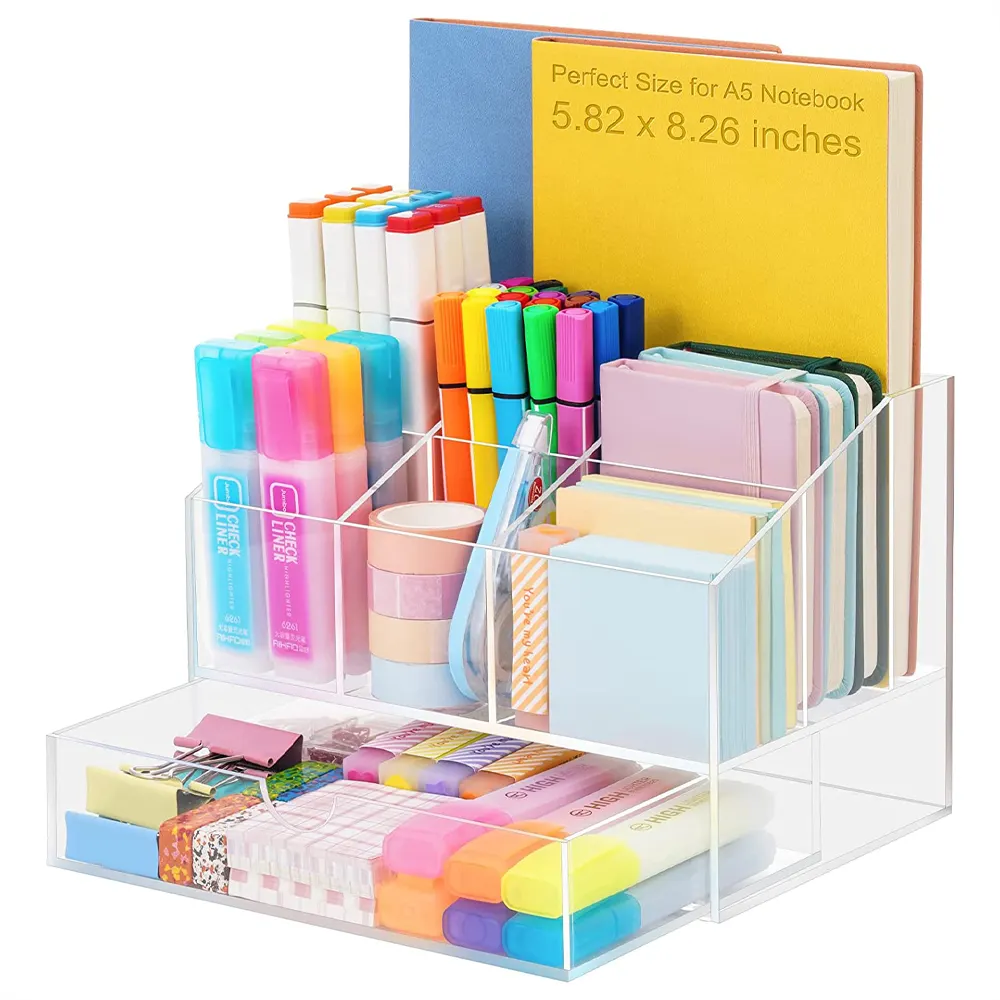 Fabrik Premium-Qualität Büro zubehör Klar Acryl Schreibtisch Organizer Stationäre Stift halter Lagerung Caddy Teiler mit Schublade