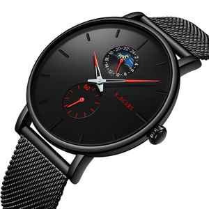 LIGE LG9955 Montre Quartz Hommes Casual <span class=keywords><strong>Noir</strong></span> Montres étanches <span class=keywords><strong>Acier</strong></span> inoxydable Ultra Thin Male Clock 24 Hour Wrist Watch - Product Image 3