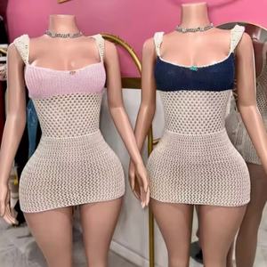 Robe Courte Sexy KuanZe pour <span class=keywords><strong>Femme</strong></span>, Modèle Patchwork Tricoté, Idéale pour l'Été et les Tenues Décontractées - Product Image 1