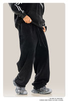 Pantalones de chándal de moda urbana de pierna recta, de forro polar grueso, lisos, personalizados, estilo vintage, con efecto lavado a la piedra, para hombre, con cordón largo