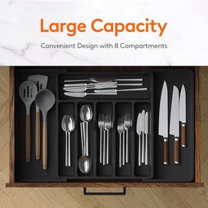 Organisateur de tiroir extensible noir de grande taille pour ustensiles de cuisine, plateau de rangement en plastique réglable pour cuillères et couverts - Product Image 2