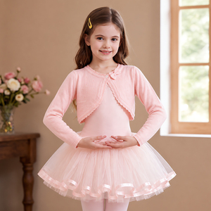 Cardigan da ballo per bambine, lavorato a <span class=keywords><strong>maglia</strong></span>, con fiocco e bordo arricciato, a maniche lunghe, corto, per balletto, feste e uso quotidiano - Product Image 4