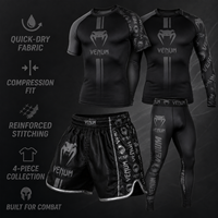 Ensemble 4 pièces noir et argent : short de boxe, maillot de compression, pantalon d'entraînement MMA 100% polyester extensible à séchage rapide, logo personnalisé OEM ODM