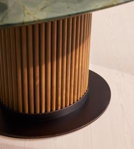 Mesa de comedor de mármol verde de mediados de siglo, con pedestal de madera estriada y base de metal bronce, para decoración de comedor de villas de alta gama. - Product Image 6