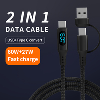2-in-1 USB-A auf Typ-C zu C 3A PD Schnellladekabel mit Smart-Display Leuchtende LED Nylon-Ummantelung 480 Mbps Datenkabel