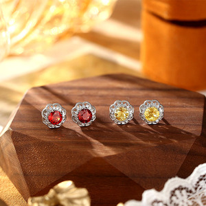9 Vintage 5mm Round Cut Natural Stone Lace Flower Stud <b>Earrings</b> 925 Sterling Silver Rhodium Plated Jewelry For Women - Product Image 2