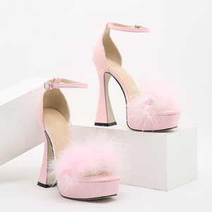Sandales pour femmes, mules à talons hauts, à bride à boucle, tendance, en fausse fourrure - Product Image 6