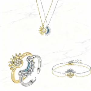 Ensemble de bijoux d'amitié pour couple, collier avec pendentif soleil et lune en zircon, bague ouverte, bracelets, pendentif serti de diamants, bijoux combinés - Product Image 1