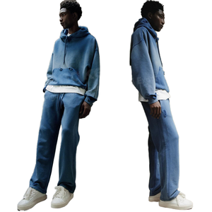 Conjunto Deportivo Azul con Capucha para Hombre, Manga Larga, Color Sólido, Corte Holgado Informal, Efecto Deslavado, con Bolsillos Laterales y Cierre con Cordón - Product Image 1