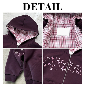 เสื้อฮู้ดดี้พรีเมียมวินเทจทรงโอเวอร์ไซส์ผ้าฝ้ายหนานุ่มแบบซิปสำหรับผู้ชาย ลายสก็อตบุซับใน ปักลายดาวและหัวใจ สไตล์สตรีทแวร์ - Product Image 6