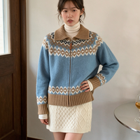 Cardigan en tricot jacquard Fair Isle bleu et marron pour femme, col zippé, manches longues, pour l'automne et l'hiver, commandes personnalisées acceptées
