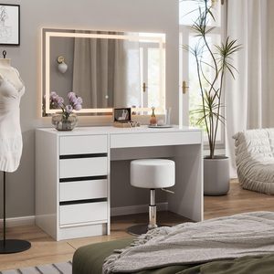 Table de toilette moderne blanche avec miroir LED, tiroirs de rangement, bois, table de maquillage pour chambre à coucher avec miroir éclairé - Product Image 1