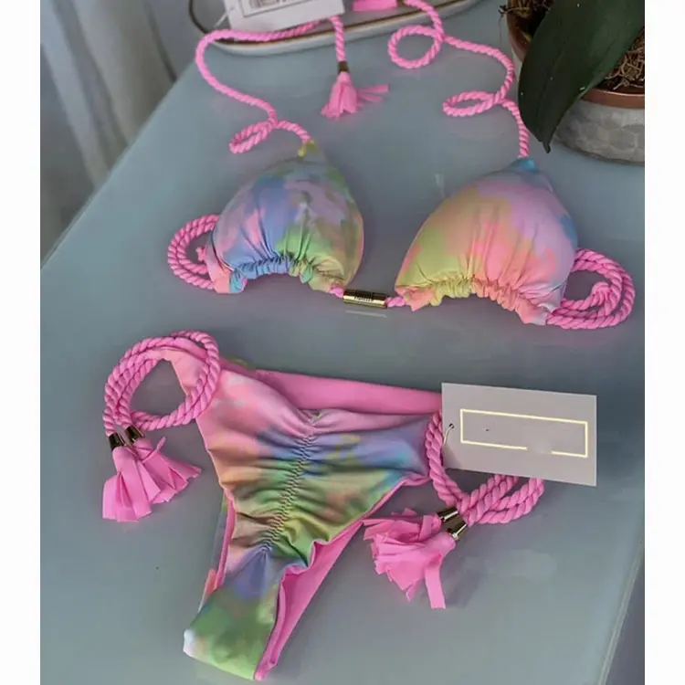 2022 Hot Sell Fashion Printed Bikini Braided Rope Sexy Brazilian Swimsuit Wholesale