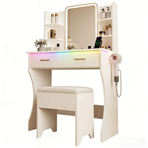 Coiffeuse LED intelligente avec éclairage d'ambiance RVB et rangement latéral, table de maquillage pour chambre à coucher avec tabouret assorti - Product Image 1