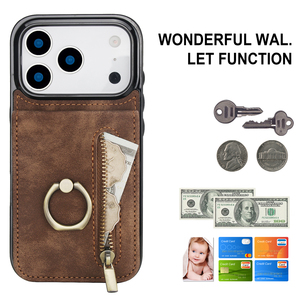 Étui <span class=keywords><strong>de</strong></span> téléphone vintage en cuir avec porte-bague pour iPhone 17 Air 16 15 14 13 12 11 Pro Max, portefeuille RFID bloquant avec fermeture éclair pour cartes, coque mobile - Product Image 2