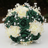 Bouquet de Mariage Artisanal en Soie Vert Style Moderne Réaliste avec Roses en Cristal et Perles pour la Mariée et les Demoiselles d'Honneur - Saint-Valentin Artificiel