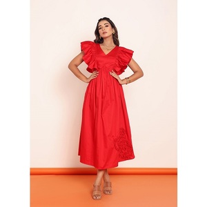 Robe midi à manches volantées, robes décontractées pour femmes, avec tissu léger, coupe confortable, silhouette flatteuse - Product Image 1