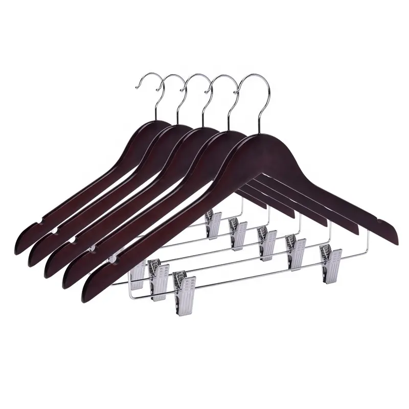 Clothes Hanger Supplier High Quality Space-saving Cherry Wooden Hanger with Non Slip End Clip