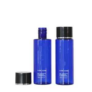 150ml 5oz Cobalt Blue Cylinder Round Flush Cap PET Plastic Bottles with Black Cap Facial Toner Make Up Remover