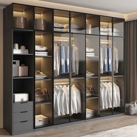 Armario Moderno 2026 con Puerta de Vidrio y Aluminio Gris, Luz LED Integrada, Estantes Abiertos, Cajones, de Piso a Techo, CARB OEM