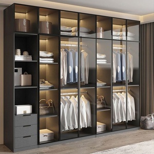 Armoire de chambre moderne 2026 en aluminium gris avec portes vitrées, éclairage LED intégré, étagères ouvertes, tiroirs, du sol au plafond, CARB OEM - Product Image 2