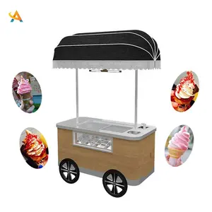 Customized Multi-functional Stainless Steel Hand Push Ice Cream Cart With Freezer