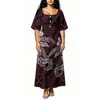 Robe longue décontractée pour femme, imprimé floral tribal polynésien hibiscus, col carré, manches volantées, boutons décoratifs, idéale pour les vacances