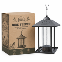 Mangeoire à oiseaux carrée avec tube à graines transparent en plastique/PVC, base à chaîne pour suspension au toit, plateau, décoration extérieure pour jardin et cour, style antique