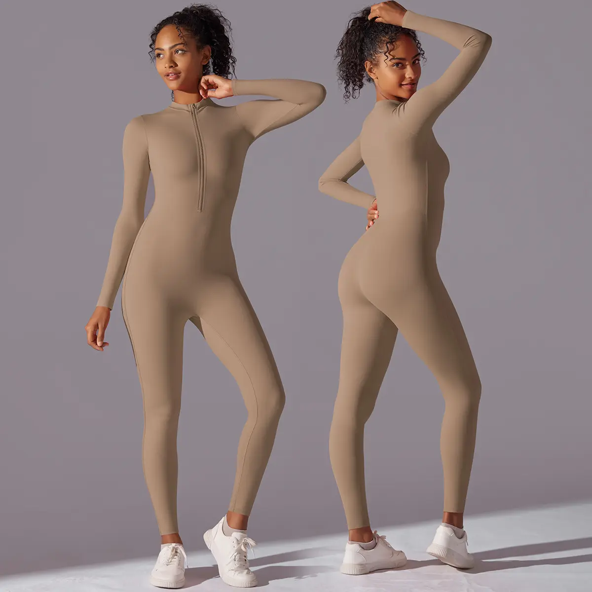 Frosted Nude Long Bodysuit Soft Skin Shapewear Long Sleeve Yoga Wear Half Zip Fitness Wear Custom Logo