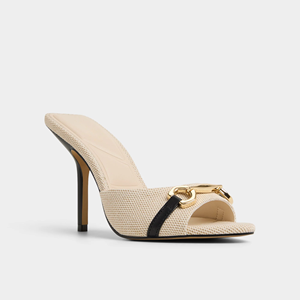 Sandales mules <span class=keywords><strong>beige</strong></span> pour femmes, talons hauts avec boucle à chaîne dorée, bout ouvert, talons aiguilles pour soirée - Product Image 4