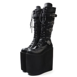 20CM <strong>Punk</strong> Round-Toe Platform High Heel Queen Shoes Lace-Up Mid Calf <strong>Boots</strong> - Product Image 1