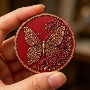 Rose Rouge & PAPILLON 1 Troy Oz .999 Pièce Ronde en Cuivre Pur Impression 2D & Relief 3D Médaillon en Cuivre Fin pour Collection - Product Image 1