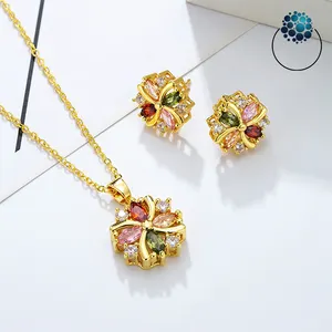 Made In China Newest Ladies 24K Gold Plated Silver Clover Pendant Necklace Earrings Women Necklace Jewelry Set